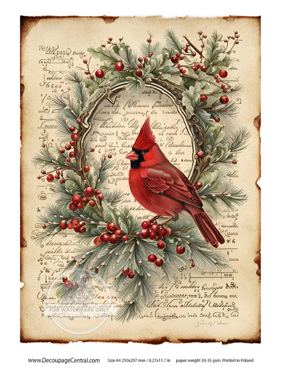 A4 Christmas Cardinal in Wreath Rice Paper