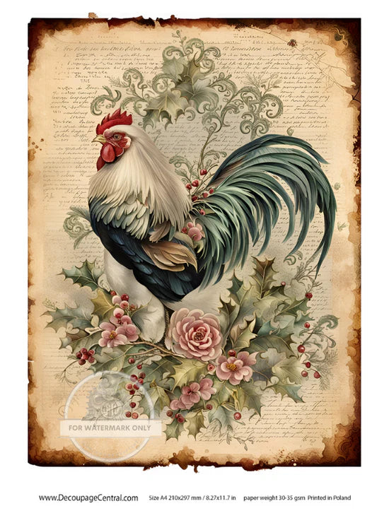 A4 Rooster in Flowers Rice Paper