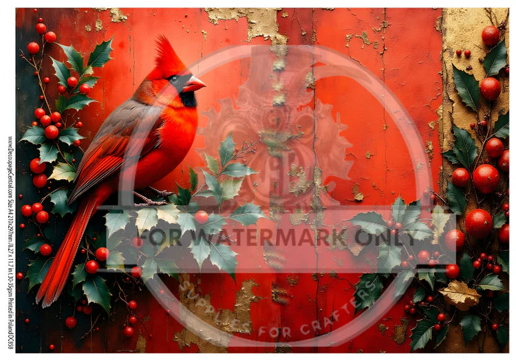 A4 Rustic Cardinal on Red Rice Paper