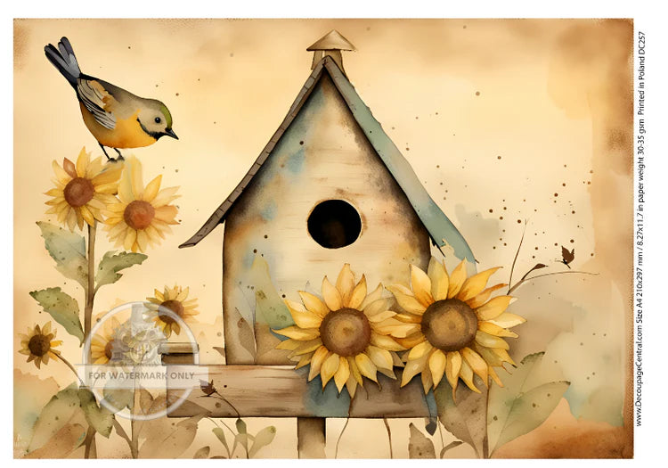 A4 Sunflower Birdhouse Decoupage Rice Paper